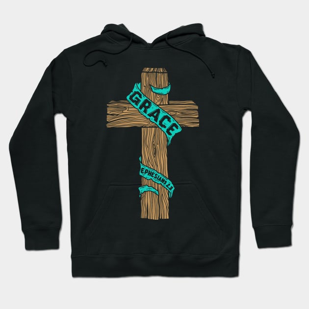 A wooden cross with the inscription "Grace" Hoodie by Reformer